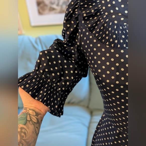 [Handmade - Jane Overland] Vintage Navy Polkadot Midi Dress with Pleats | Medium - Picture 8 of 16